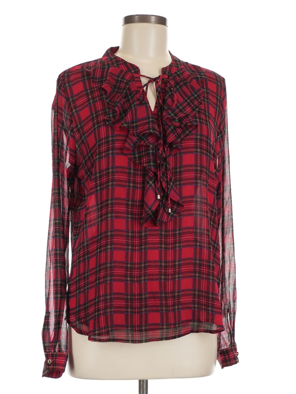 Tommy Hilfiger Red Plaid Ruffle Front Sheer Blouse Sm Classic Holiday Office